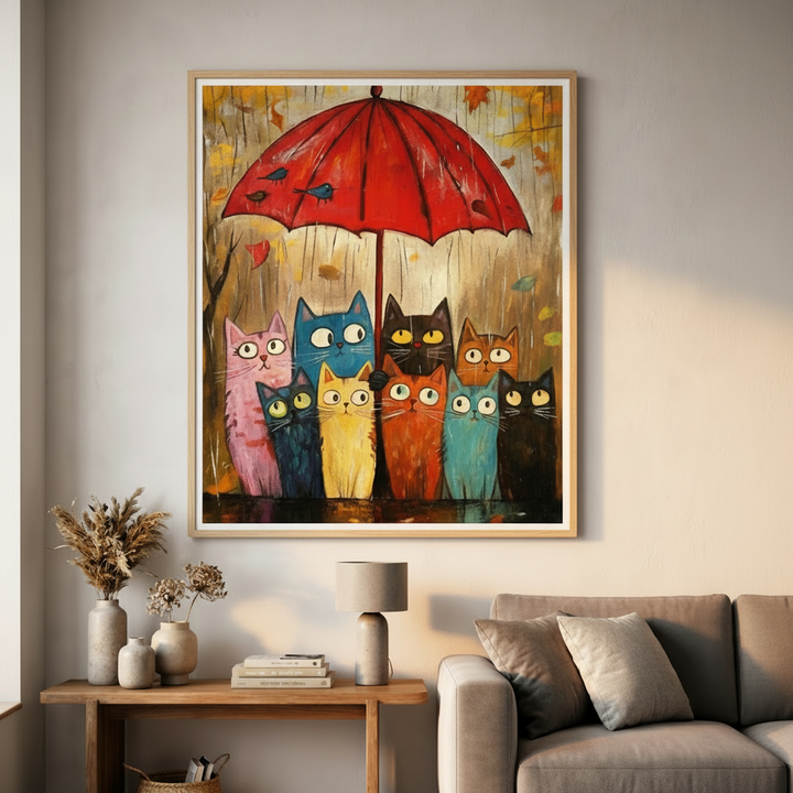 Colorful Cats Under Umbrella Canvas