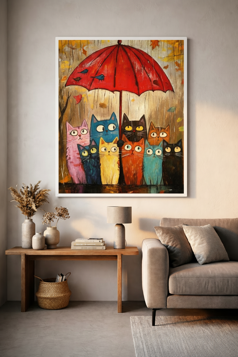 Colorful Cats Under Umbrella Canvas