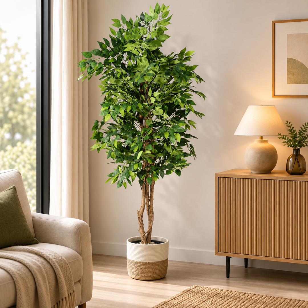 200 cm artificial ficus tree with mixed green leaves and intertwined woody trunks in a cream and natural tan woven pot beside a wooden cabinet.