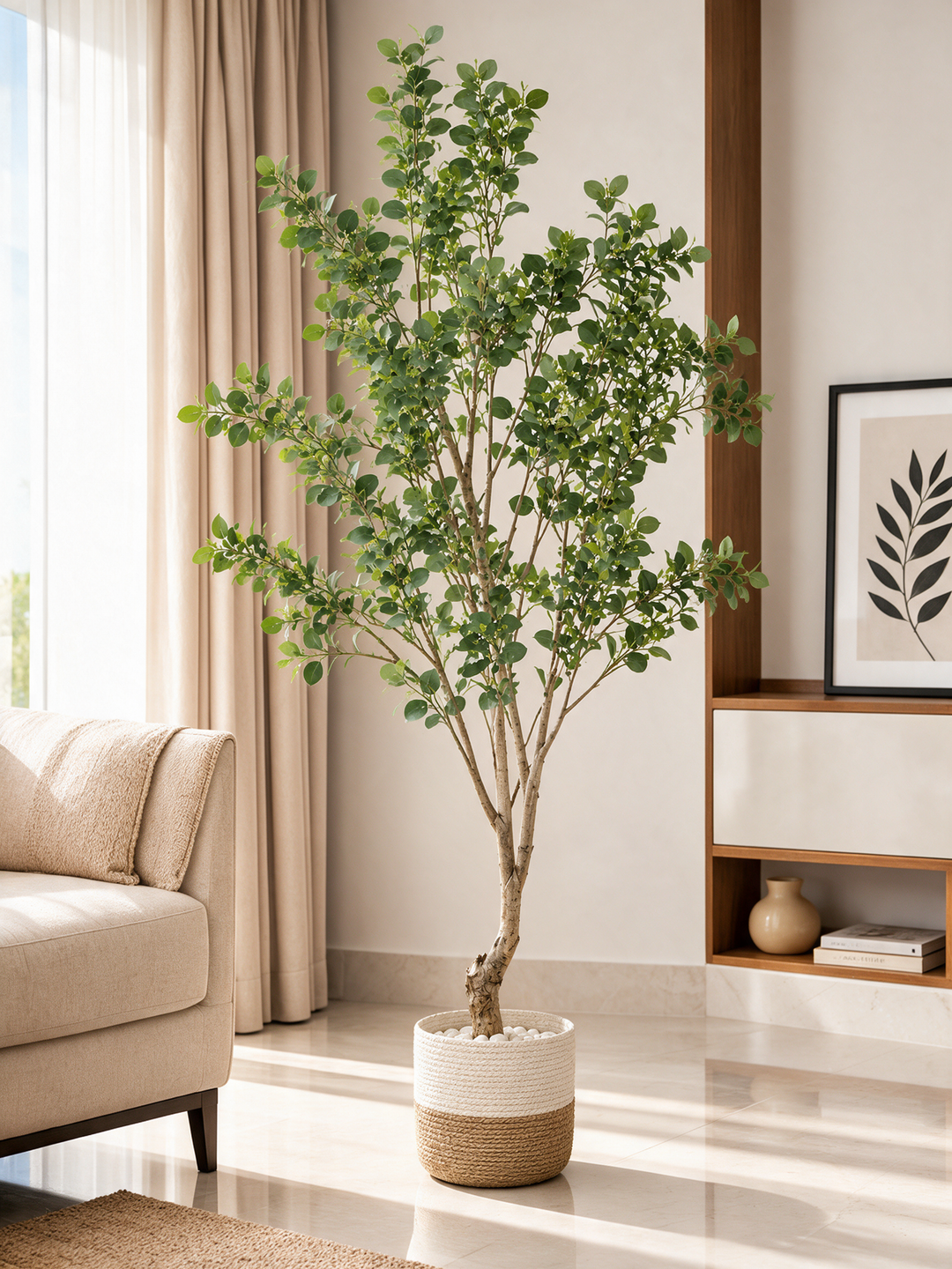 220 cm artificial green leaf tree in two-tone woven planter beside beige sofa