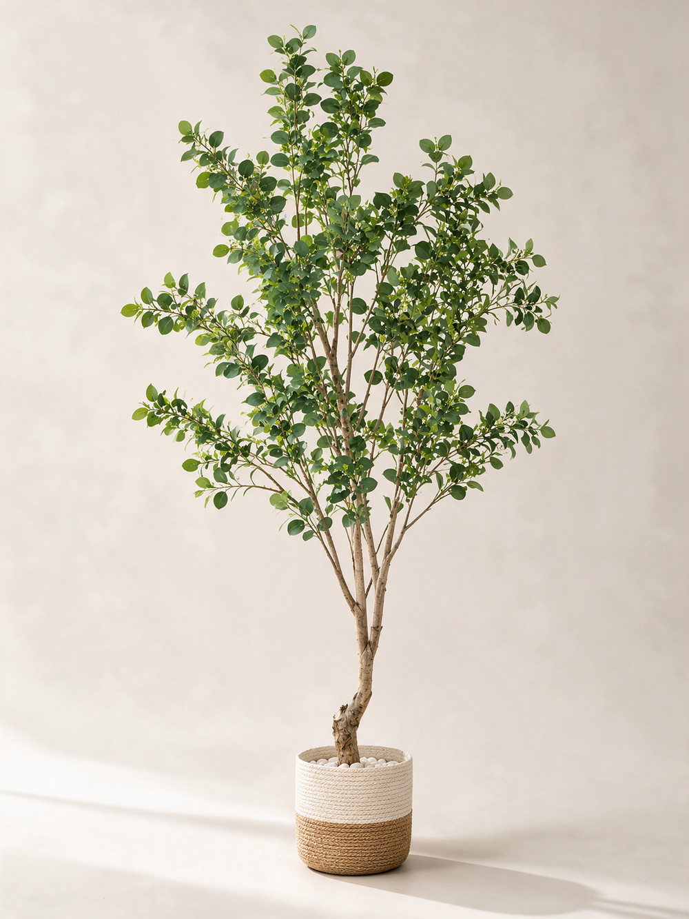 220 cm artificial green leaf tree in two-tone woven planter, full studio view