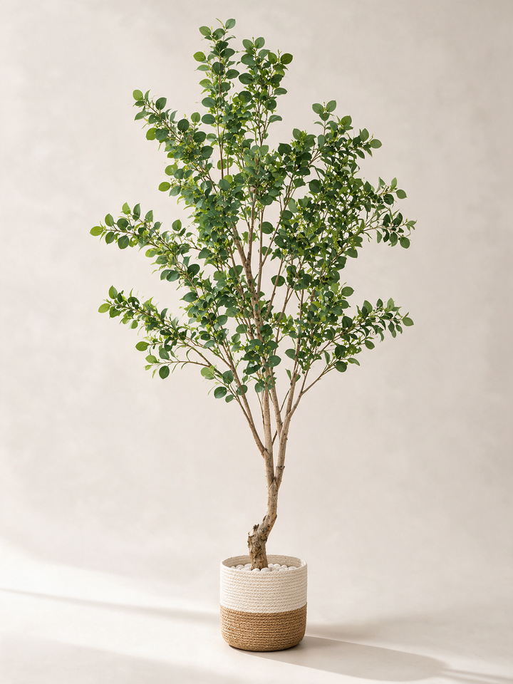 220 cm artificial green leaf tree in two-tone woven planter, full studio view