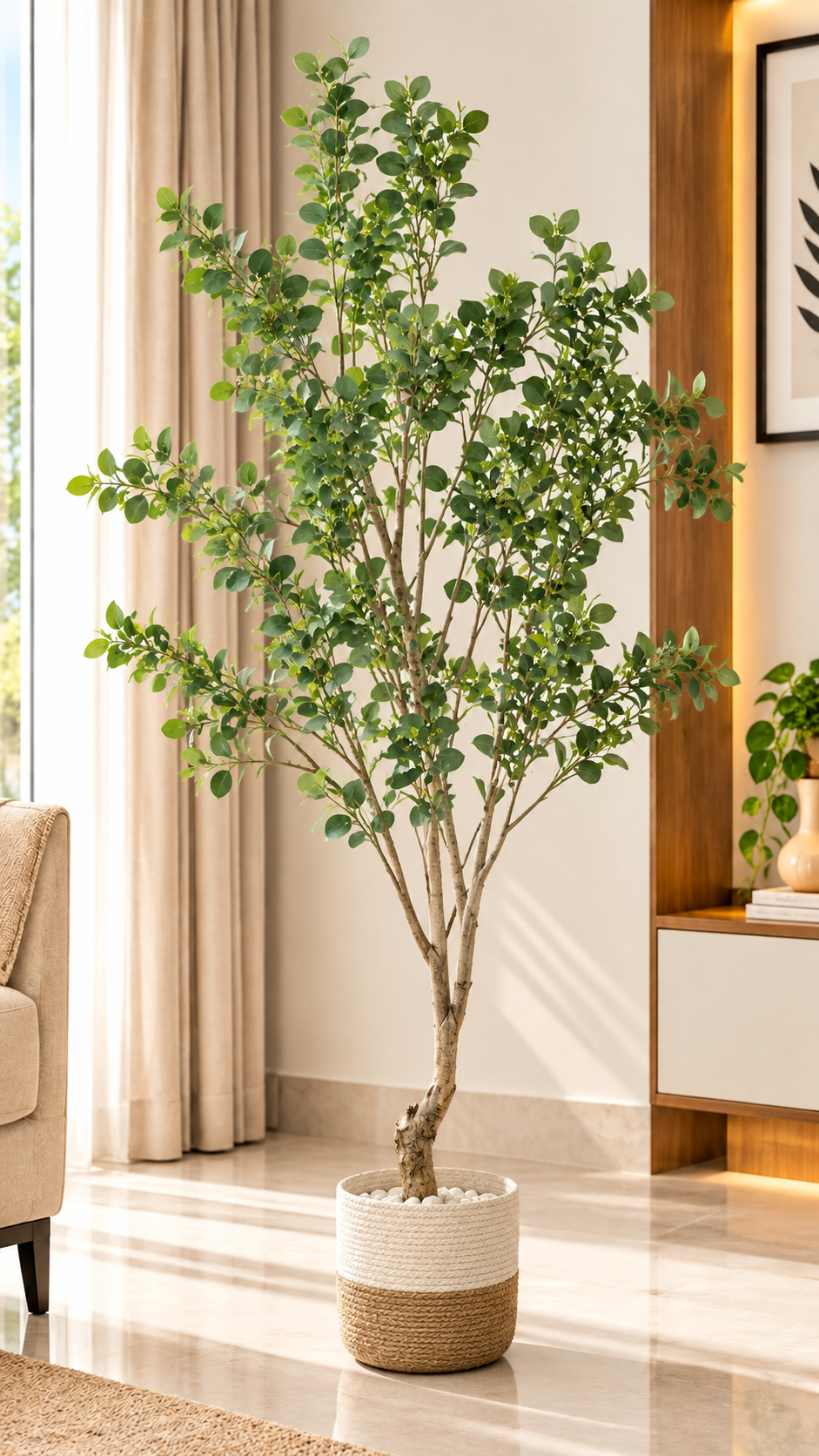 220 cm artificial green leaf tree with natural branching trunk in cream beige woven planter in elegant living room