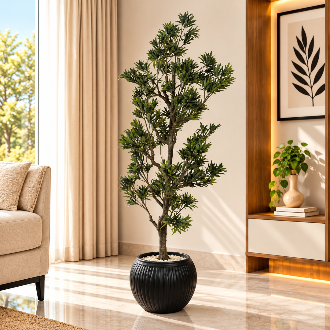 160 cm artificial narrow leaf tree with dark green foliage in rounded black ribbed planter in modern living room