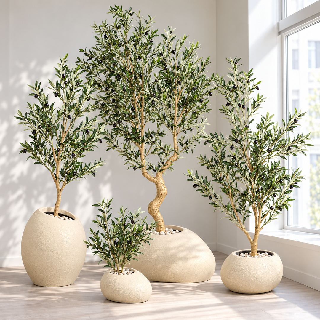 Set of four artificial olive trees in beige fiberglass pots, 220, 160, 160 and 60 cm