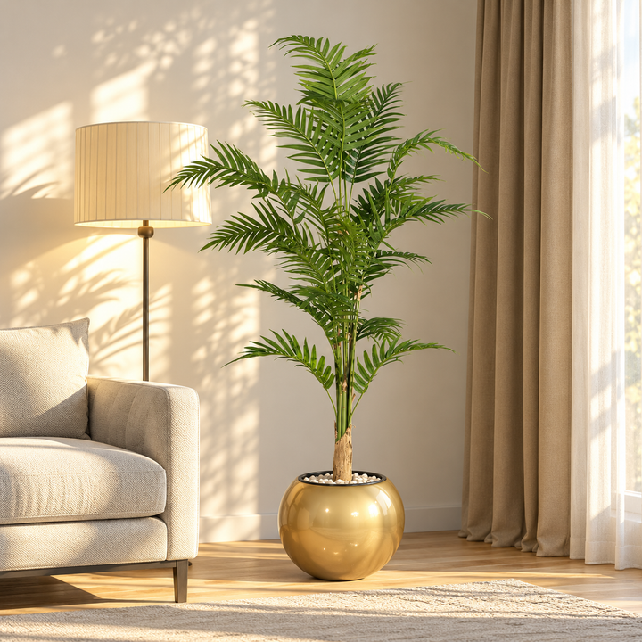 170 cm artificial palm with green feather-like fronds in a rounded glossy gold fiberglass pot, styled with pale pebbles.