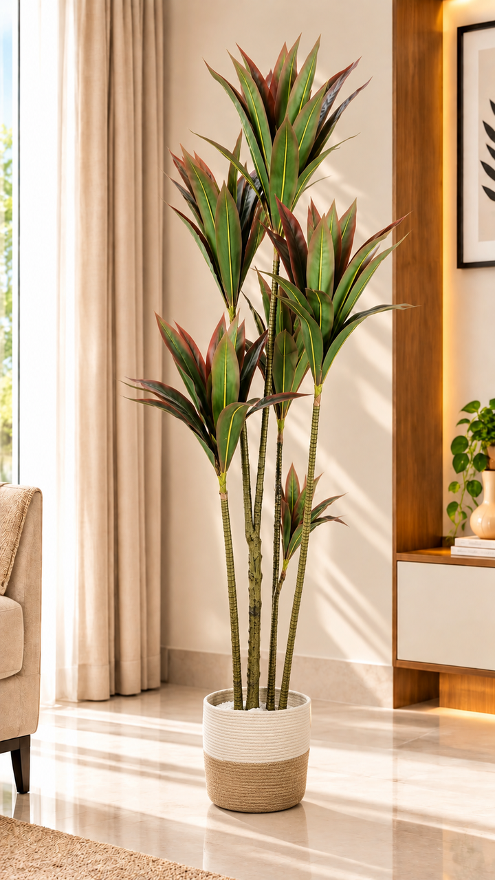 Artificial Dracaena tree 170 cm with green and reddish leaves in two-tone woven planter in modern living room