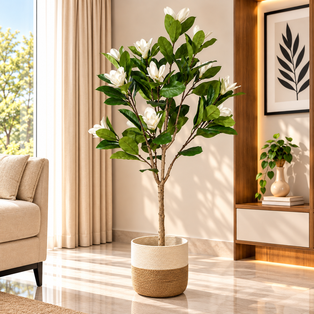 160 cm artificial white magnolia flowering tree in two-tone woven planter styled in sunlit modern living room
