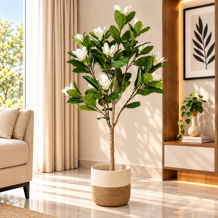 160 cm artificial white magnolia flowering tree in two-tone woven planter styled in sunlit modern living room