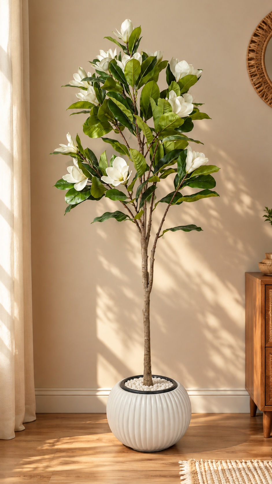 Artificial white magnolia tree 170 cm with green foliage and creamy flowers in white ribbed round planter
