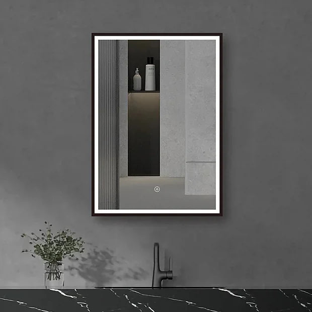 Rectangular LED mirror with border light and touch sensor mounted on dark wall