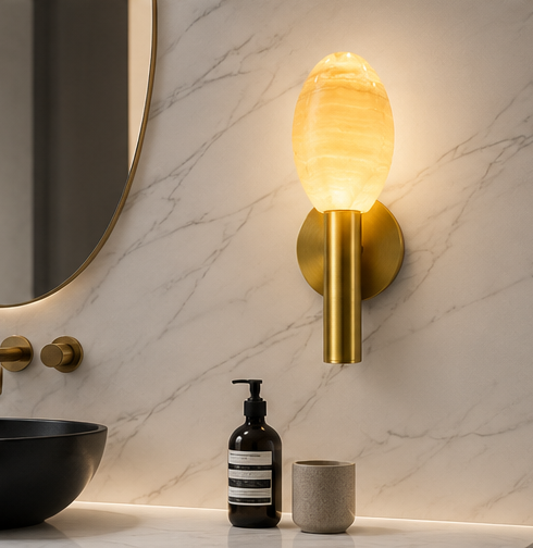 Luxury Oval Alabaster Wall Sconce in Brushed Antique Brass