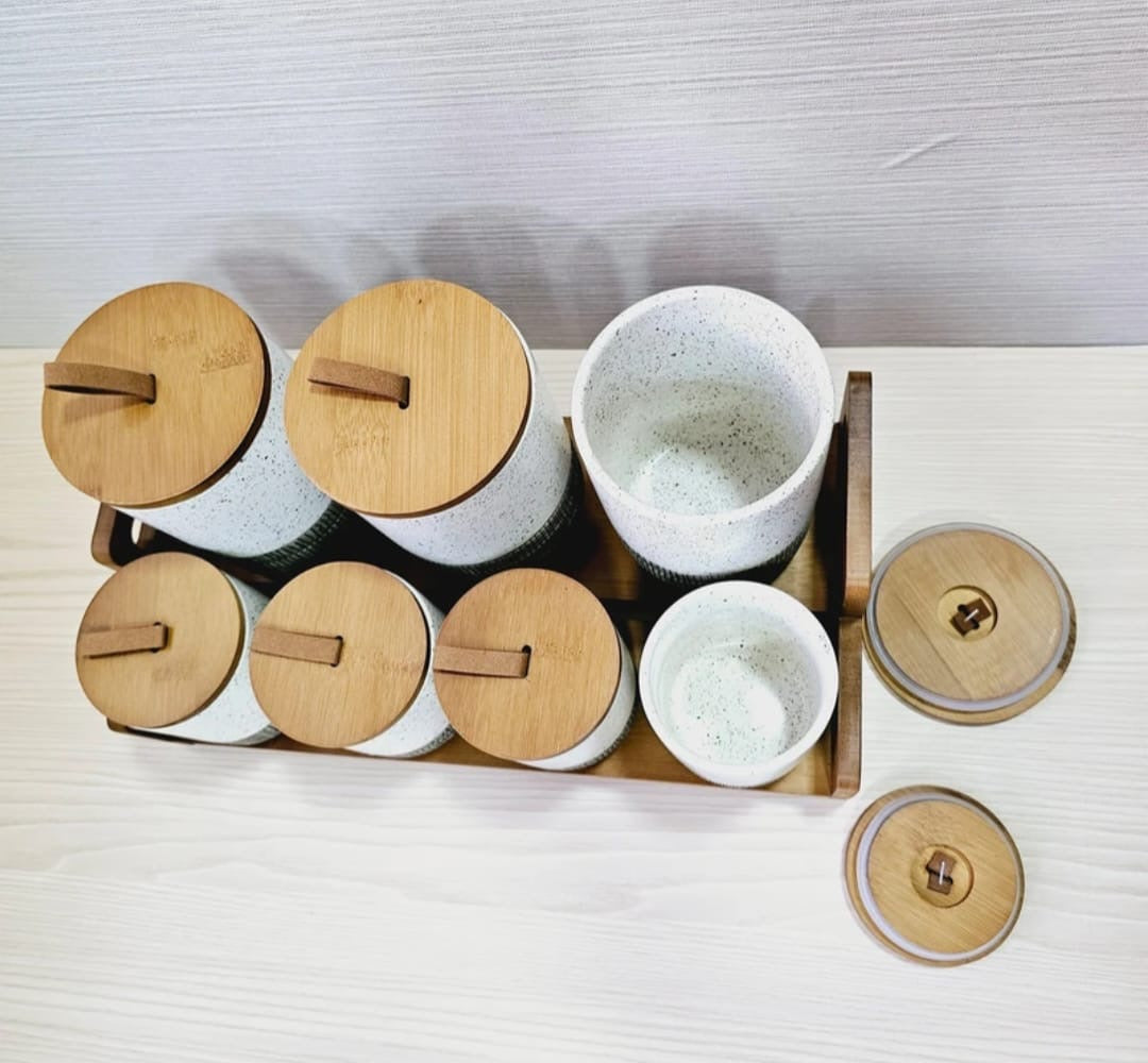 Ceramic Spice Jar Set with Wooden Tray