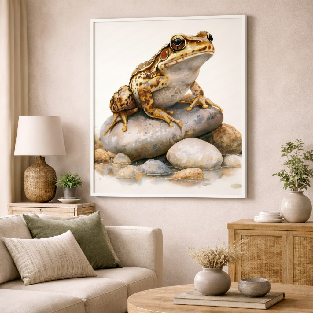 Watercolor Frog on Stones Canvas