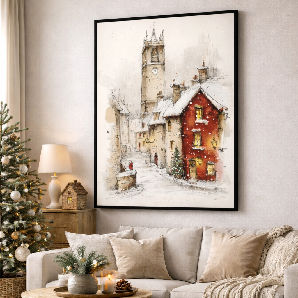 Winter Village Red House Canvas