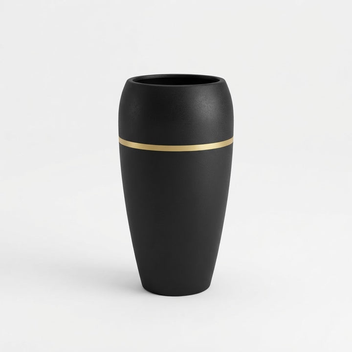 Tall glossy black fiberglass planter with a narrow gold-tone band on a plain white studio background.