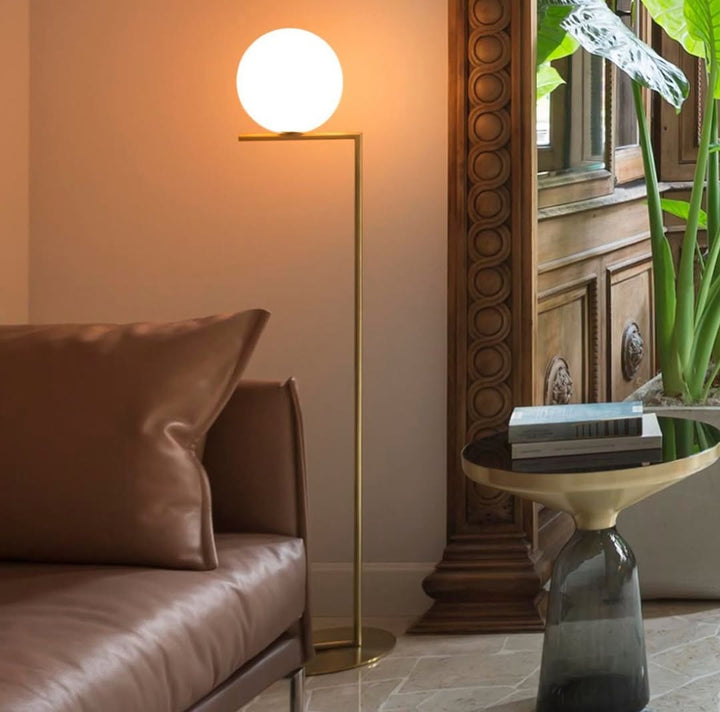 Modern Globe Floor Lamp Brass or Black Frame with Opal Shade