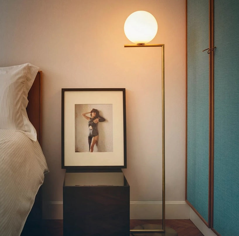 Modern Globe Floor Lamp Brass or Black Frame with Opal Shade