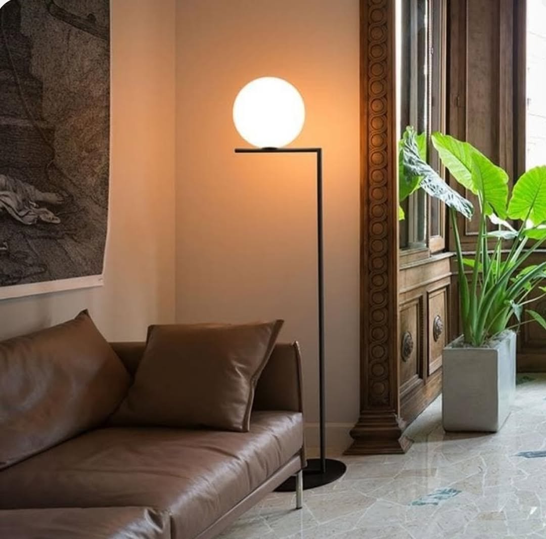 Modern Globe Floor Lamp Brass or Black Frame with Opal Shade
