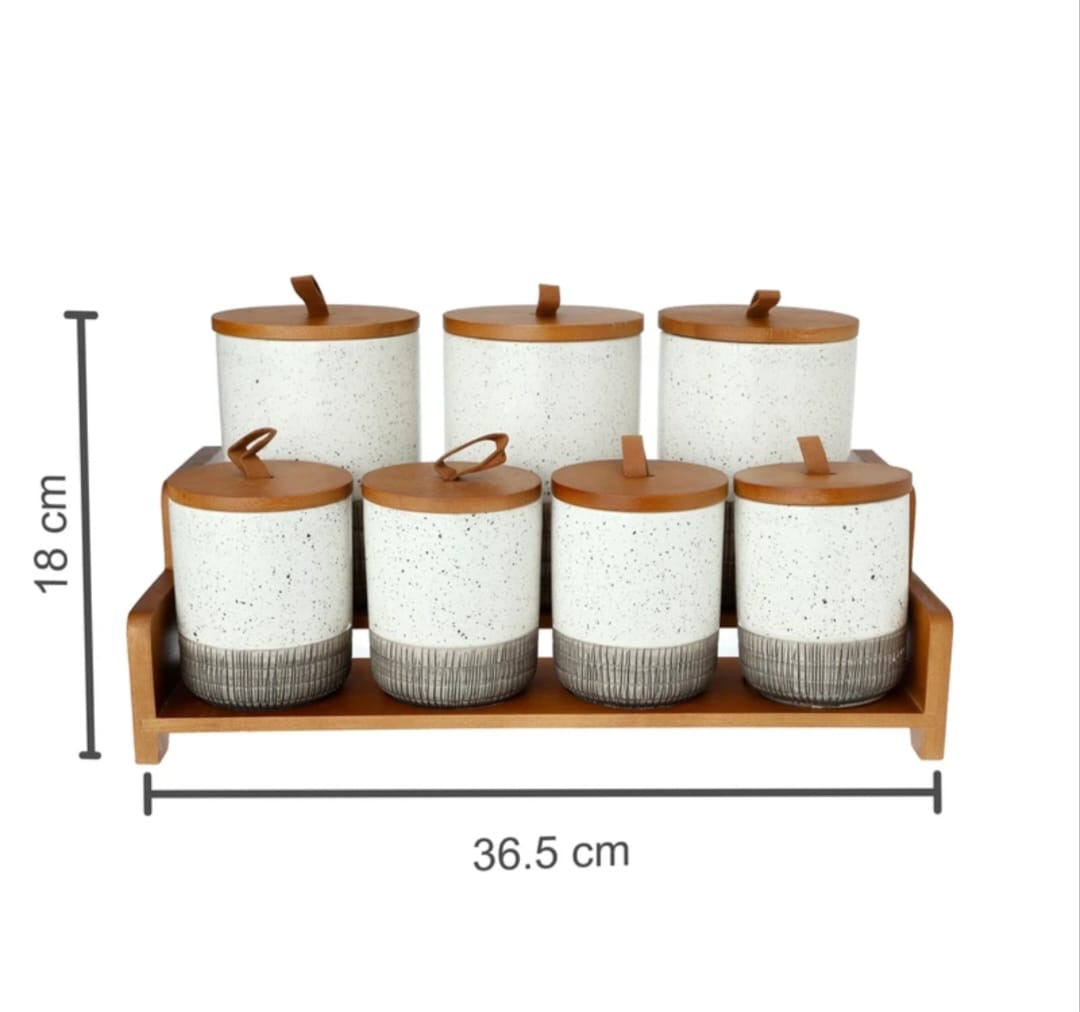 Ceramic Spice Jar Set with Wooden Tray