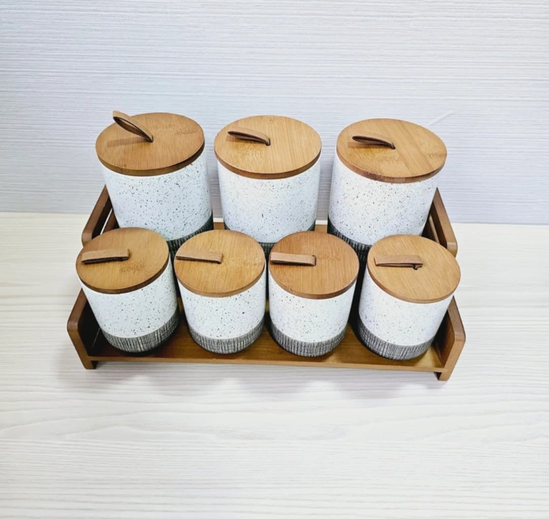 Ceramic Spice Jar Set with Wooden Tray