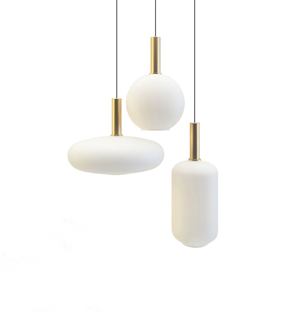 Modern Pendant Light with Frosted White Glass and Gold Accents