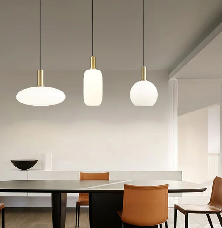 Modern Pendant Light with Frosted White Glass and Gold Accents