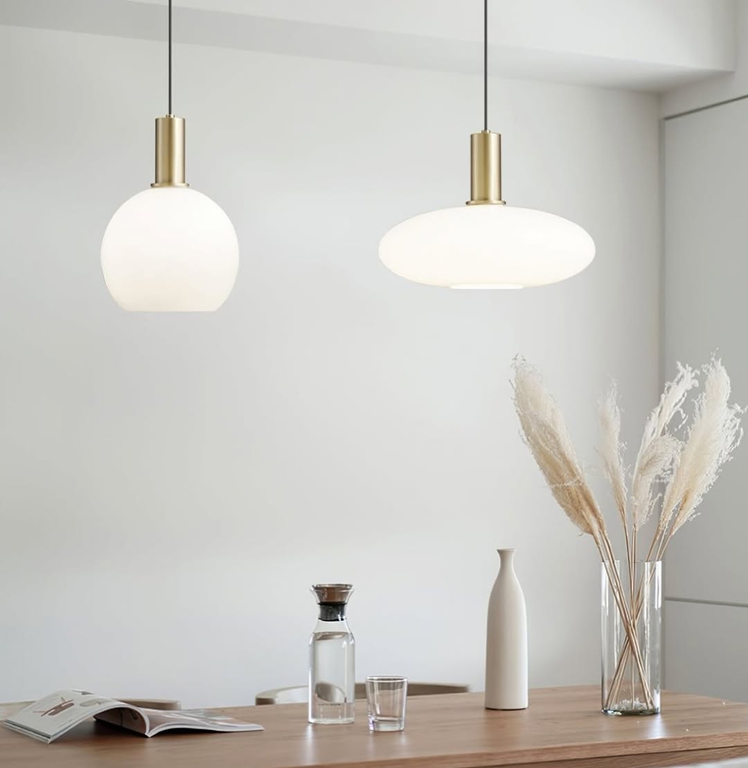 Modern Pendant Light with Frosted White Glass and Gold Accents