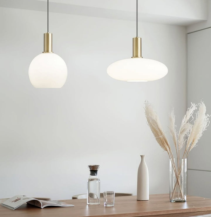 Modern Pendant Light with Frosted White Glass and Gold Accents