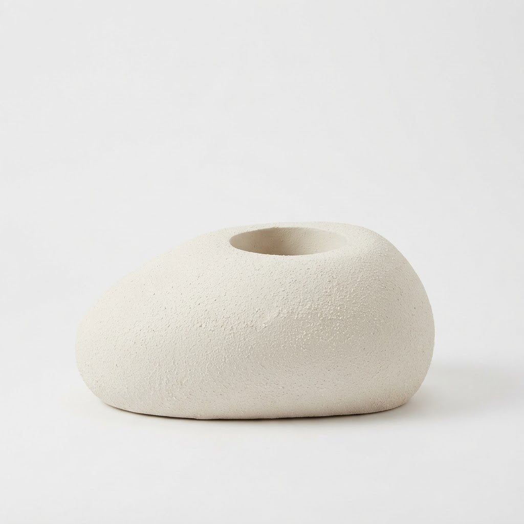 Cream pebble-shaped textured fiberglass planter with a recessed round opening on a plain white studio background.
