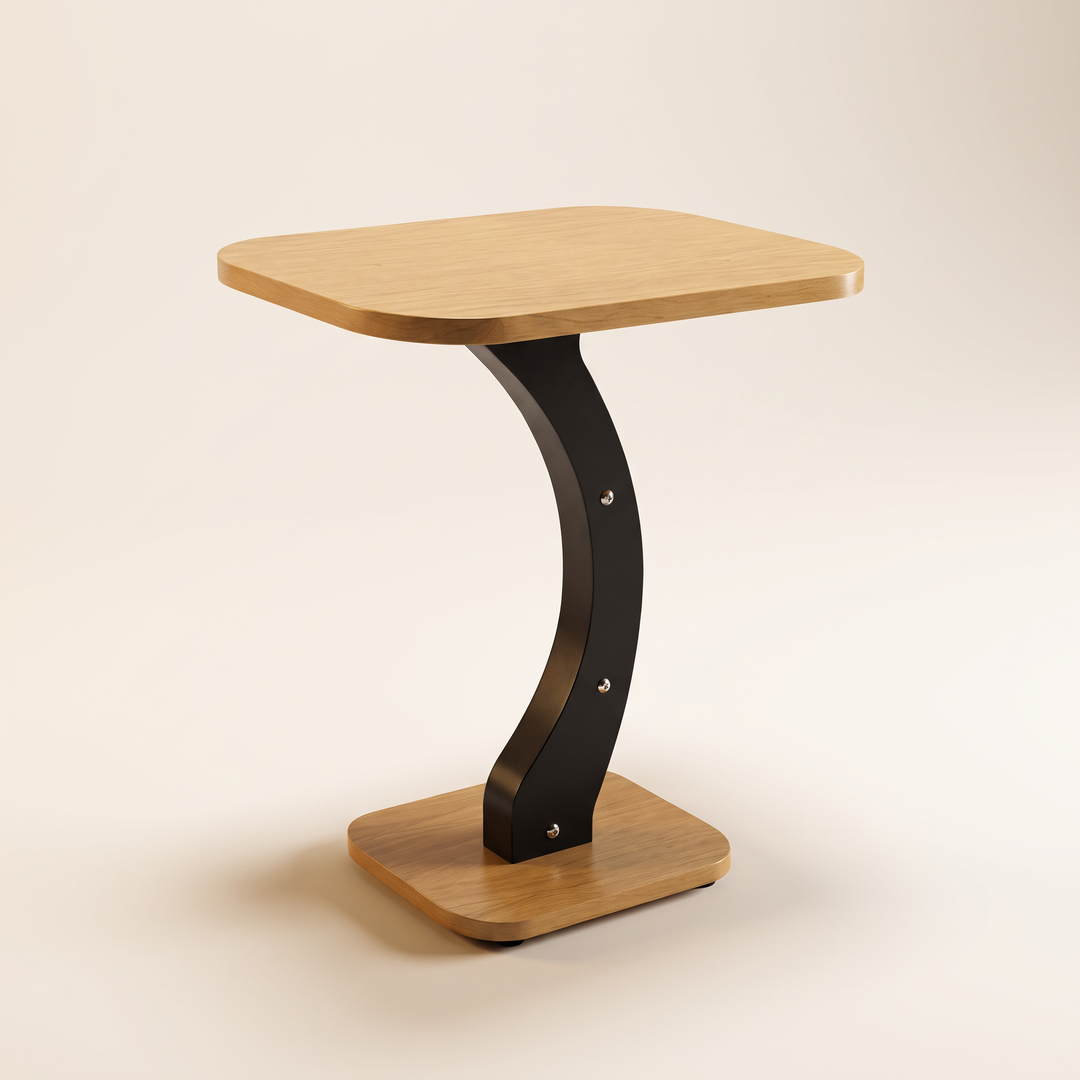 Modern light wood-look side table with a curved black support on a neutral studio background