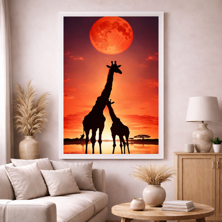 Giraffes Under Red Moon Canvas