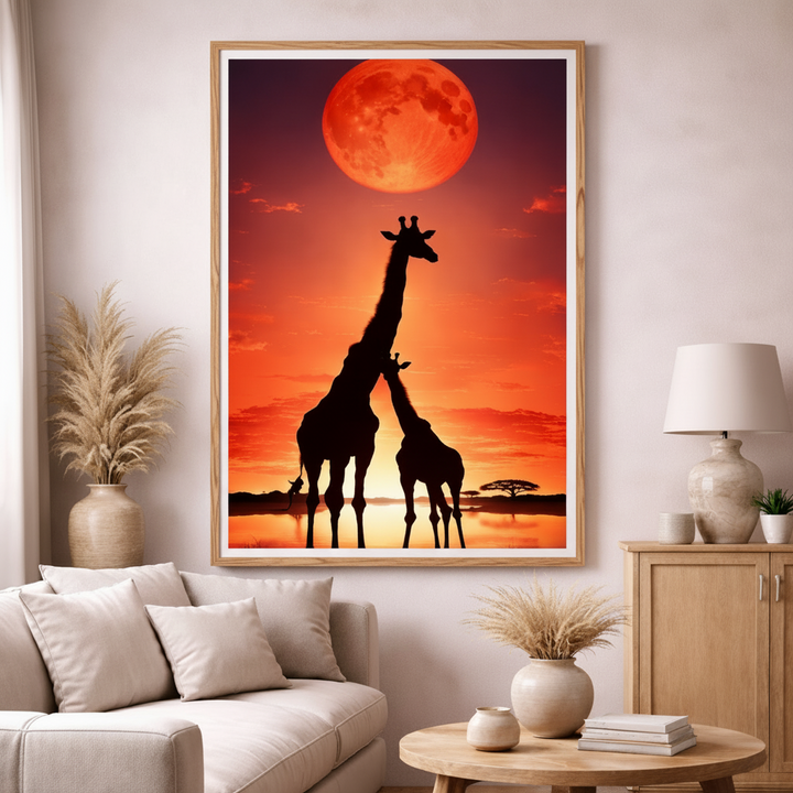 Giraffes Under Red Moon Canvas