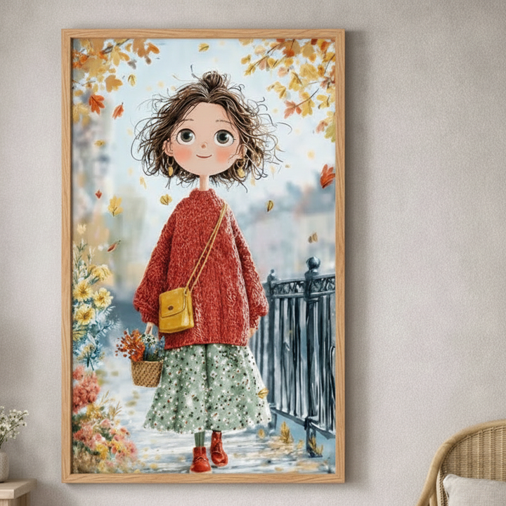 Framed artwork of a girl in a red sweater standing on a balcony with autumn leaves.
