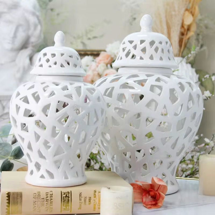 White Cutwork Ceramic Jars set of 2