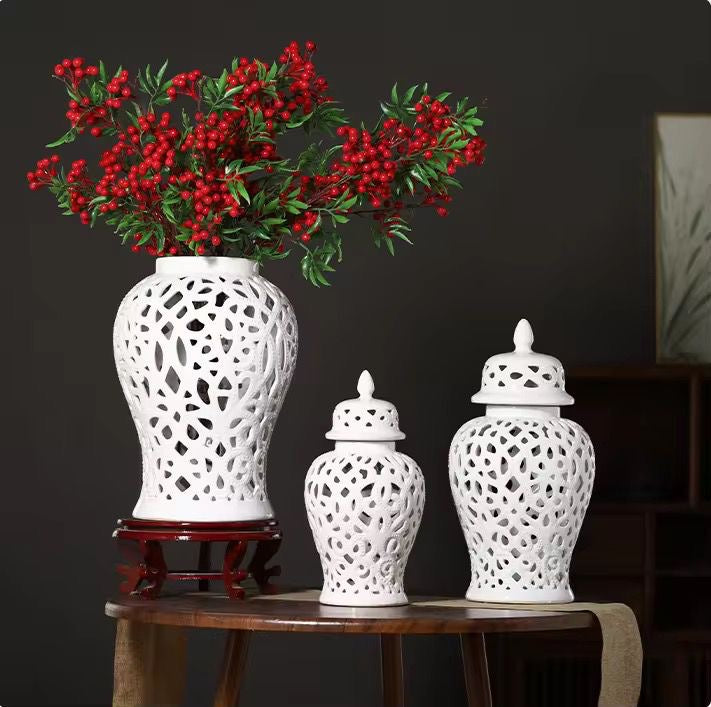 White Cutwork Ceramic Jars set of 2