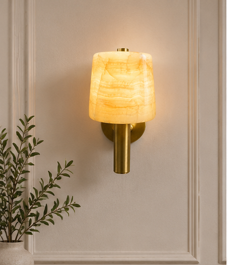Luxury Alabaster Wall Sconce with Antique Brass Stem