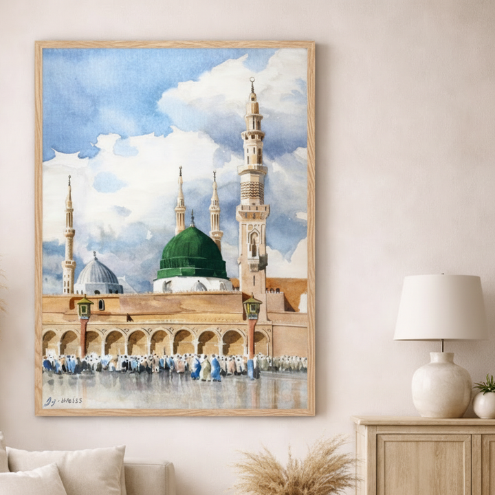 Framed artwork of a mosque on a wall in a living room.