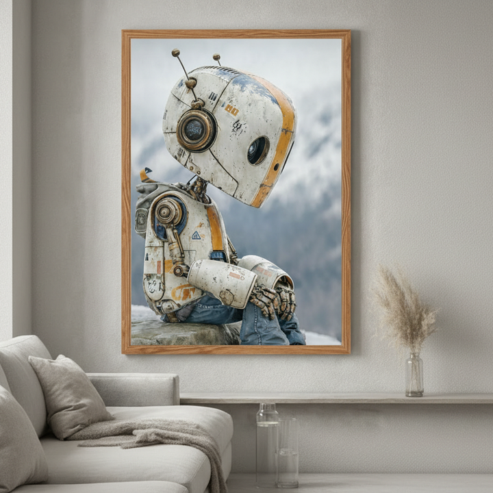 Framed artwork of a robot on a wall in a living room.