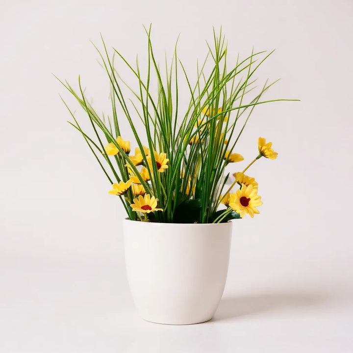 Mini Artificial Yellow Daisy & Grass Arrangement in White Pot