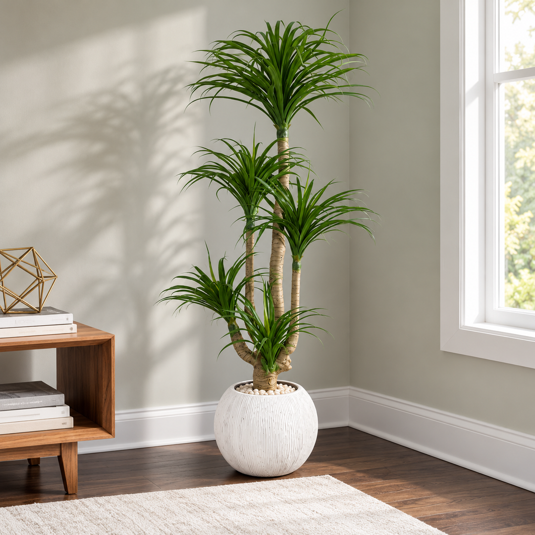 170 cm artificial multi-head dracaena with arching green leaves and branching trunks in a spherical white textured pot, styled with ivory pebbles.