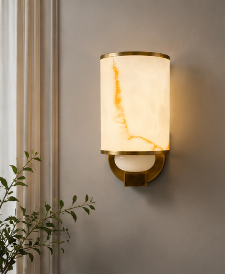 Luxury Alabaster Cylinder Wall Sconce in Antique Brass