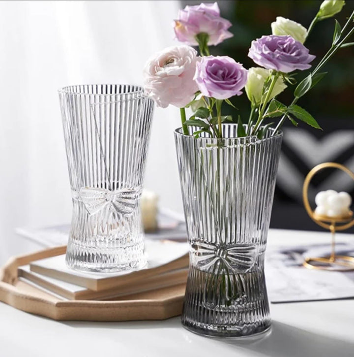 Ribbed Glass Vase with Bow Design