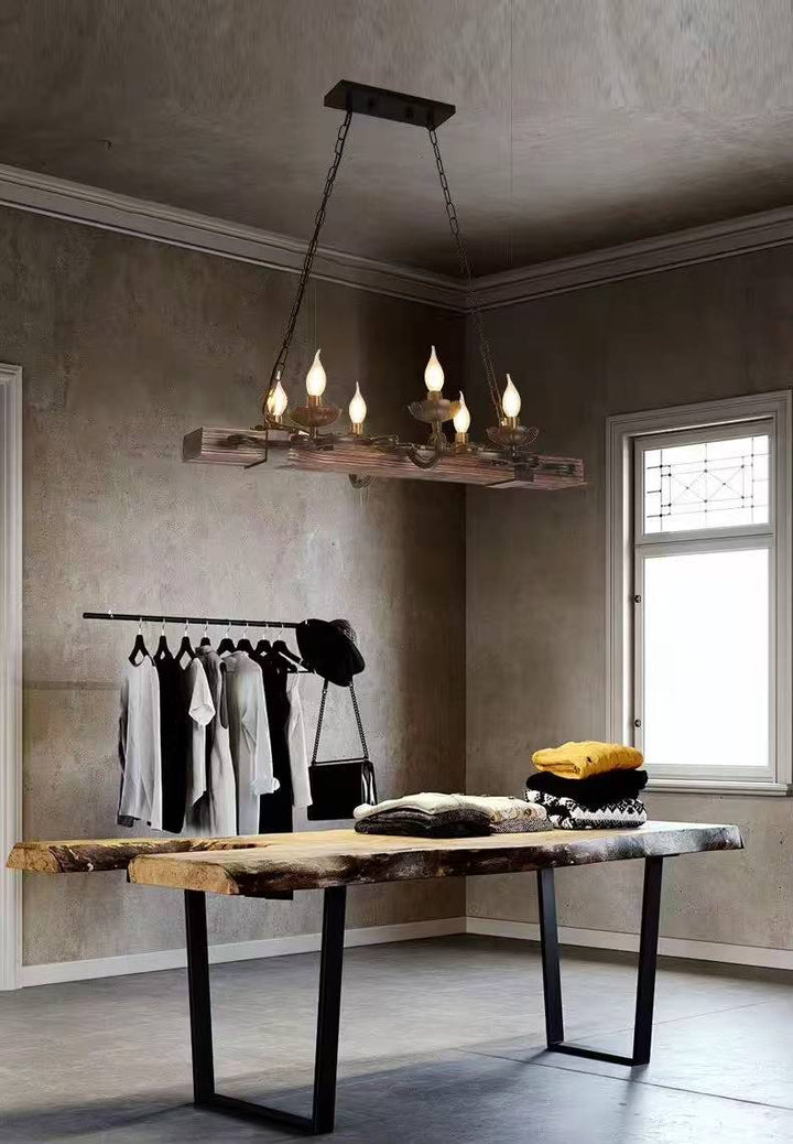 Rustic Candle-Style Wood Beam Chandelier