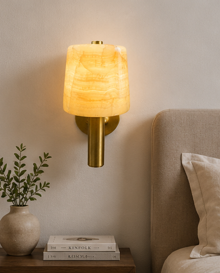 Luxury Alabaster Wall Sconce with Antique Brass Stem
