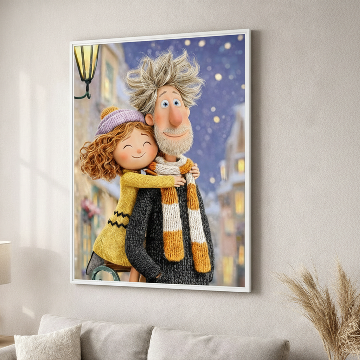 Framed artwork of two animated characters hugging on a wall in a living room.