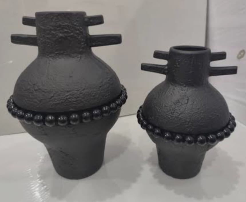 Black Textured Tribal-Inspired Vase Set of 2