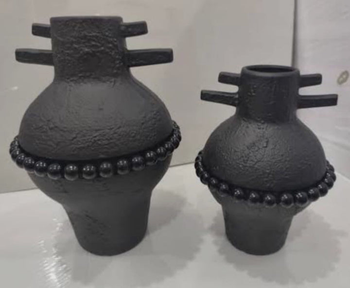Black Textured Tribal-Inspired Vase Set of 2