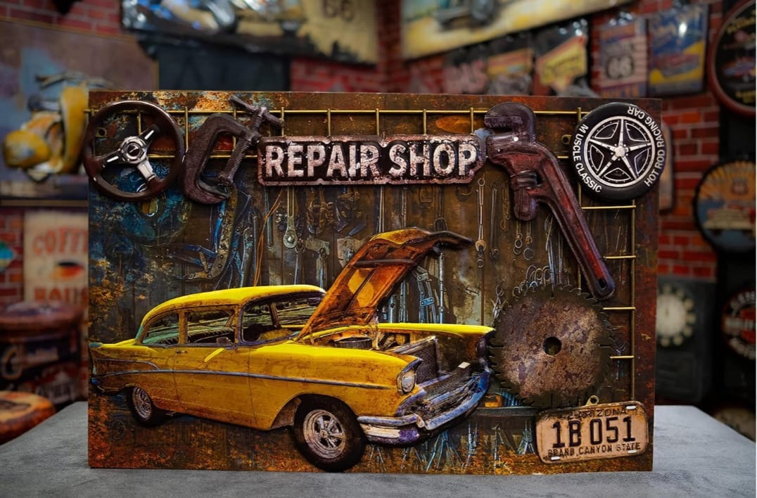 Vintage Repair Shop 3D Metal Wall Art