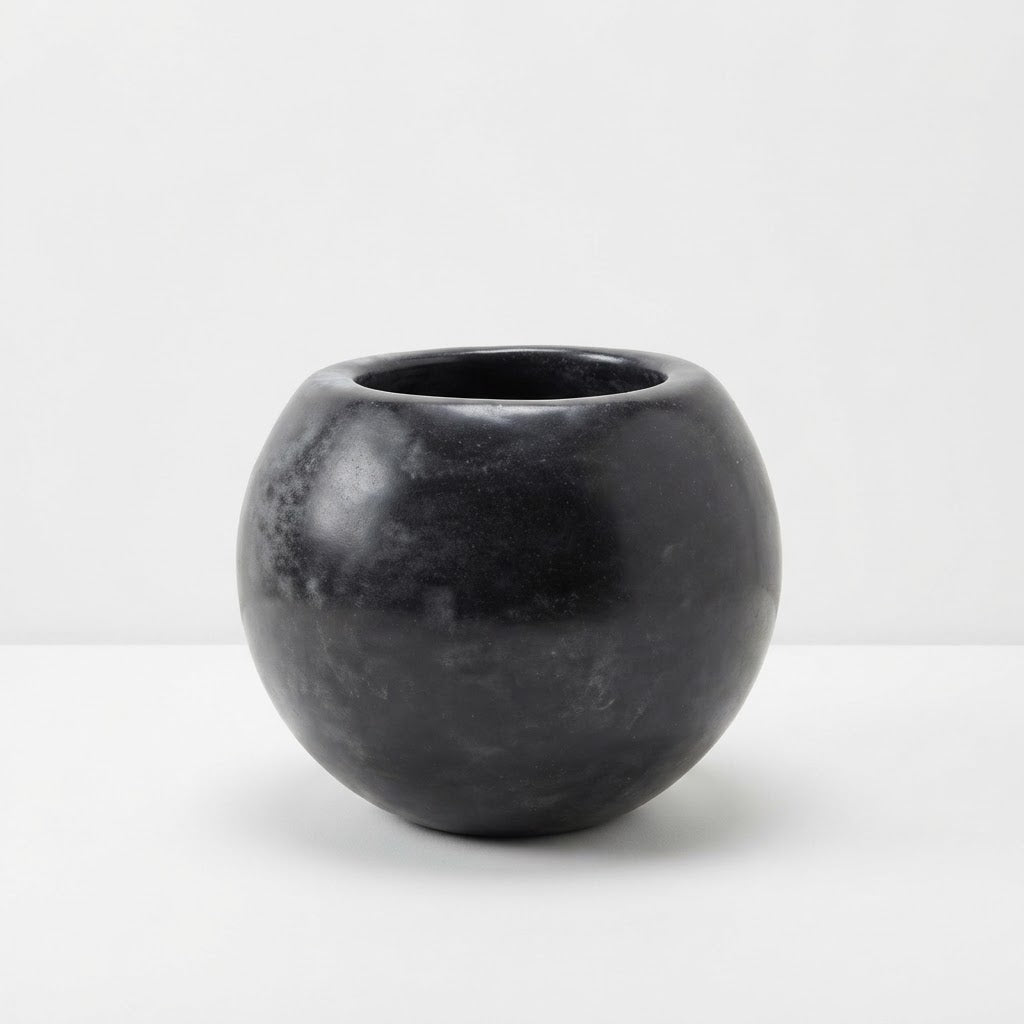Glossy black round fiberglass planter with a wide circular opening on a plain white studio background.